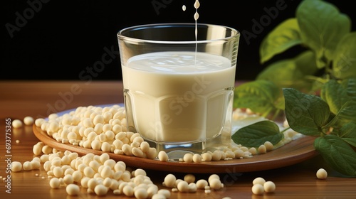 Soy milk splash with soybeans on table. Generative AI.