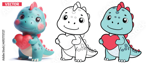 Dinosaur cute cartoon funny character 3 style vecter love theme, 3D vector, line art and 2D vector art.