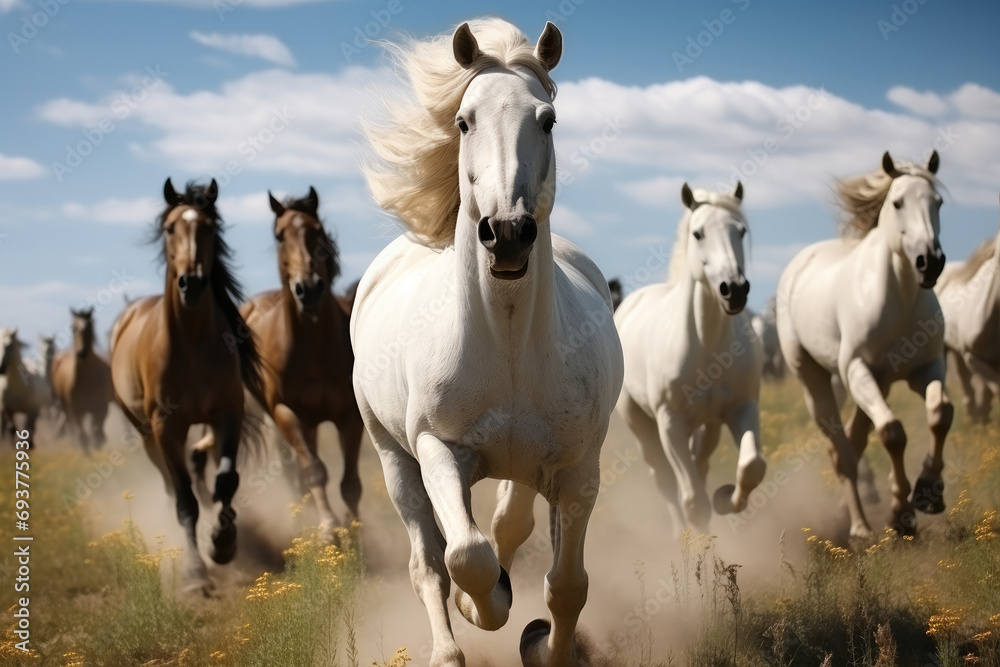 Horses running in an open field. Generative AI. Horses running in an open field. Generative AI.