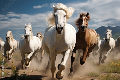 Horses running in an open field. Generative AI. © visoot