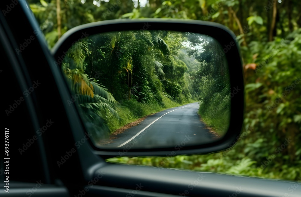 Rainy Drive - Car Side View Mirror Reflecting Wet Road and Lush Green Foliage