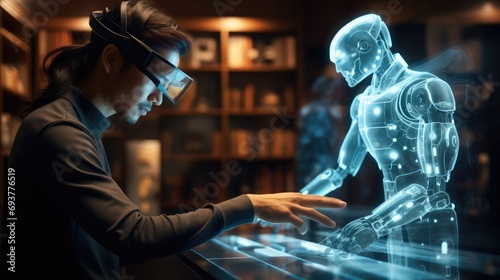 Asian woman working on with a Humanoid robot on a Large transparent futuristic virtual hologram multi-touch screen with white text and graphs on it. Generative AI.
