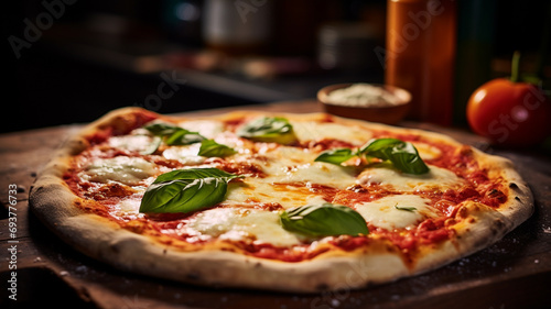 Close up view on sliced margarita pizza on wooden cutting board background.