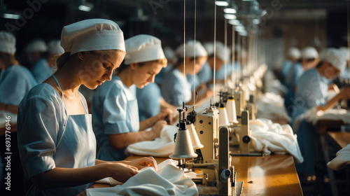 A lots of needleworkers working in factory. Generative AI.