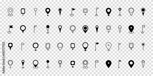Set black location pin icon. Map pin place marker. Destination symbol. Modern Map marker pointer logo icon set. GPS pin symbol collection. Flat style. Vector illustration on transparent background. photo