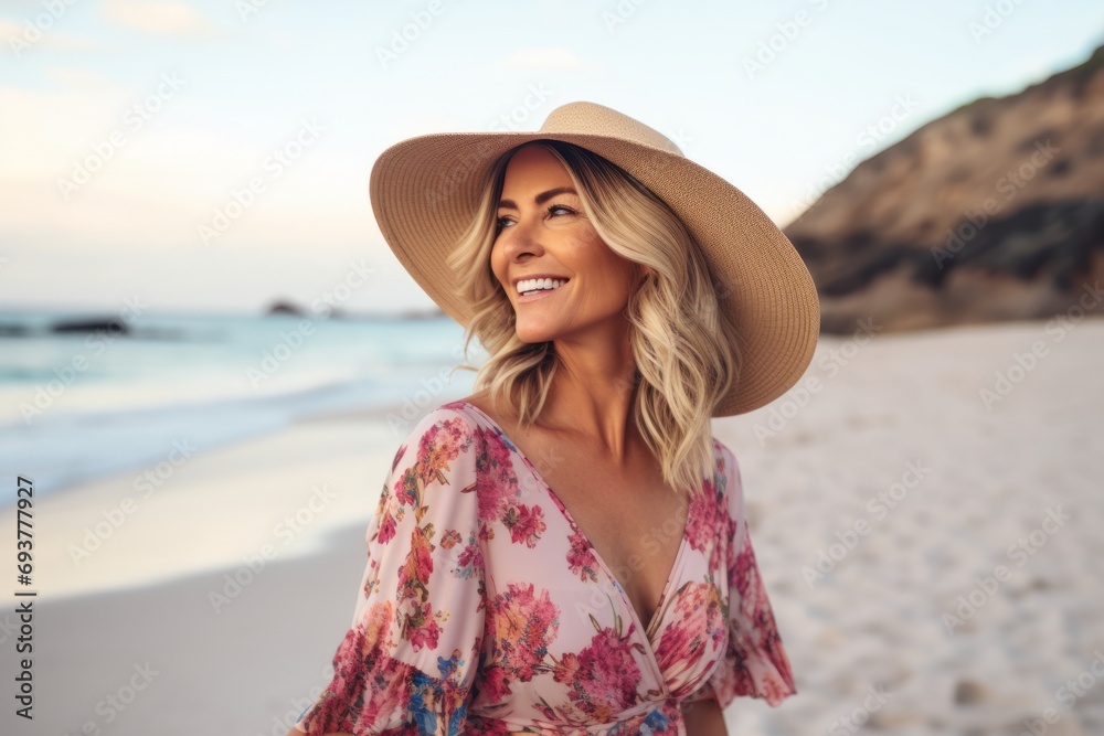 Portrait of beautiful young woman in hat on the beach at sunset - obrazy, fototapety, plakaty 