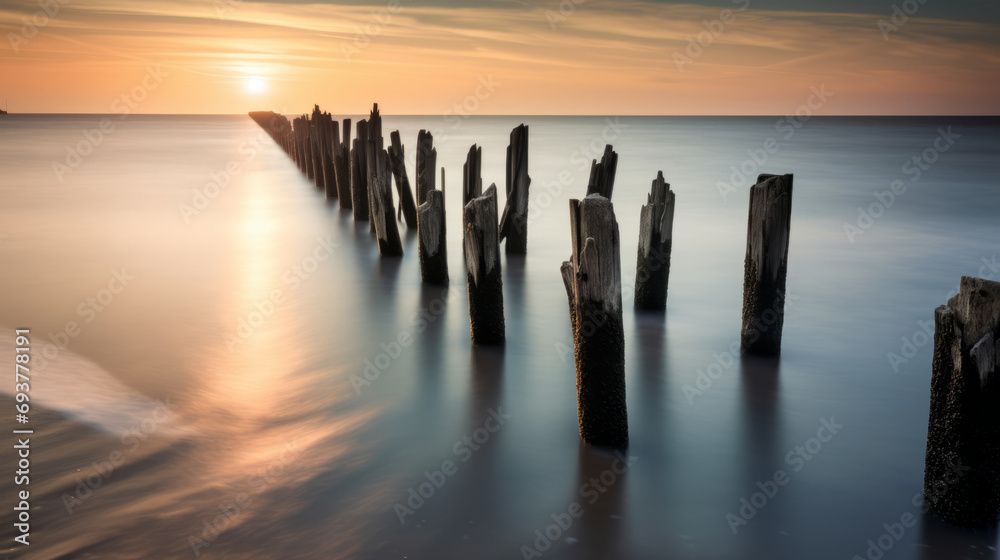 Wood posts in twilight landscape like ethereal sculptures, long exposure shot