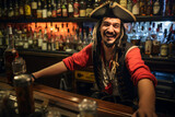 Portrait of a man bartender wearing a pirate costume in a pirate bar