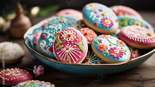 Colorful Easter cookies in the shape of colorful painted easter eggs