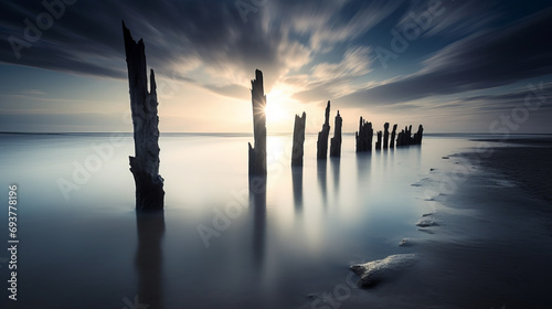 Wood posts in twilight landscape like ethereal sculptures, long exposure shot photo