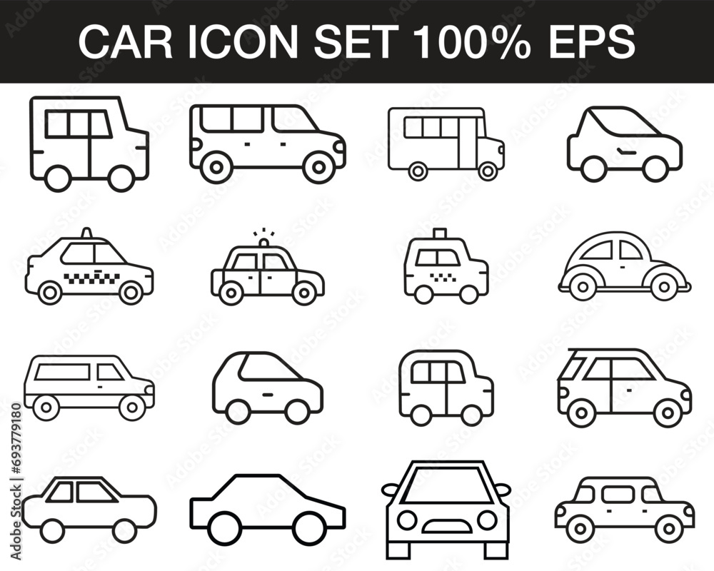 Obraz premium Car icons set. Car icon set in linear style. Transport symbol. Vector illustration.