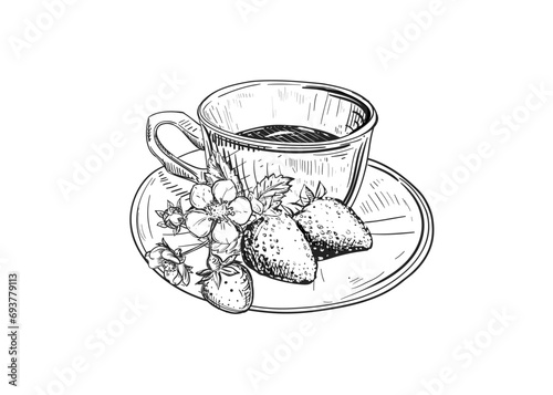 Hand drawn sketch black and white illustration cup of tea strawberry, leaf, berry, flower. Vector illustration. Elements in graphic style label, sticker, menu, package. Engraved style.
