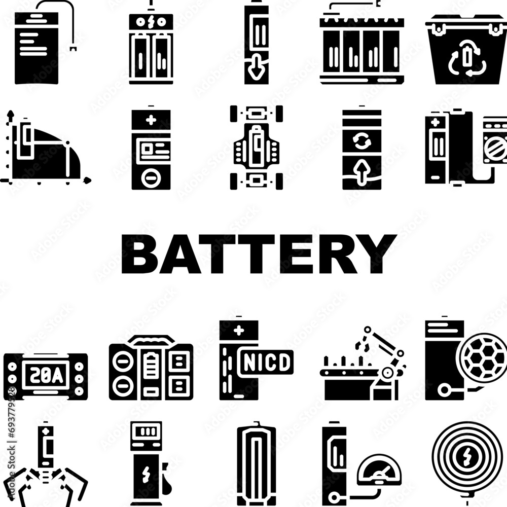 battery technology power electric icons set vector. energy charger, lithium charge, recharge car, cell green, ion, fuel, hybrid battery technology power electric glyph pictogram Illustrations