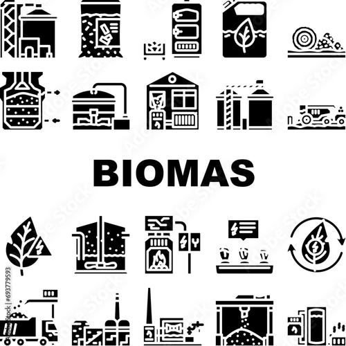biomass energy plant green icons set vector. power solar, wind hydro, hydroelectric water, electric, gas, station thermal ecology biomass energy plant green glyph pictogram Illustrations