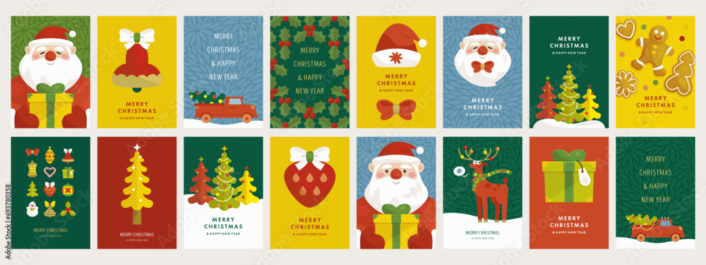 Fototapeta premium Merry Christmas and happy new year vector greeting card template set with cartoon santa, reindeer, gift box and snowman. Festive background collection in simple modern flat style