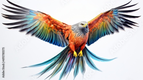 a multicolored bird, showcasing a blend of vibrant hues and shades, isolated against a clean white backdrop for a colorful and dynamic composition.