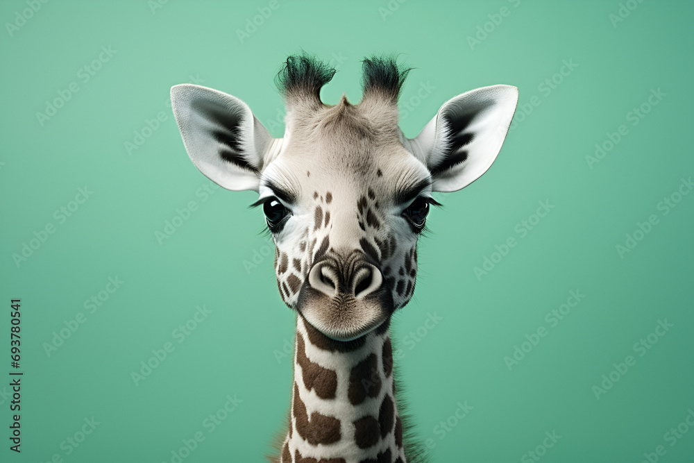 Obraz premium portrait of a giraffe on a green background, the animal's head is straight. full face.