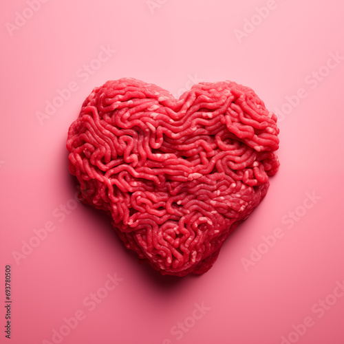 raw ground beef mince in heart shape isolated on plain pink studio background