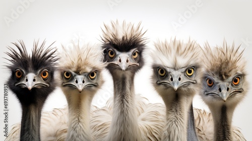 a picture of a group of emus, showcasing their social behavior and natural habitat, set against a pristine white backdrop for a visually pleasing contrast.