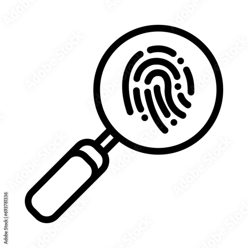 The magnifying glass reads fingerprints. Icon about digital security