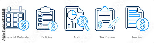 A set of 5 accounting icons as financial calendar, policies, audit