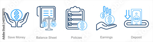 A set of 5 accounting icons as save money, balance sheet, policies