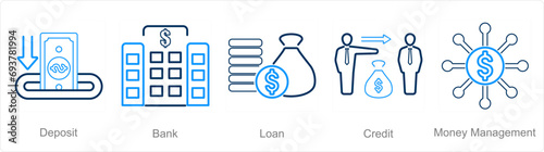 A set of 5 accounting icons as deposit, bank, loan
