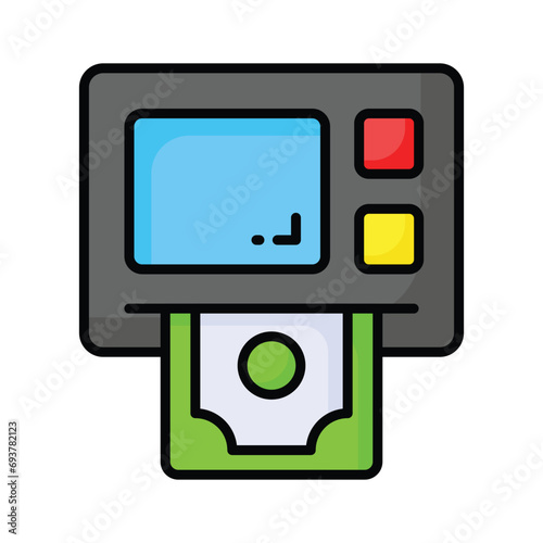 The ATM icon represents a machine that dispenses cash and allows customers to perform banking transactions. Modern icon of atm machine