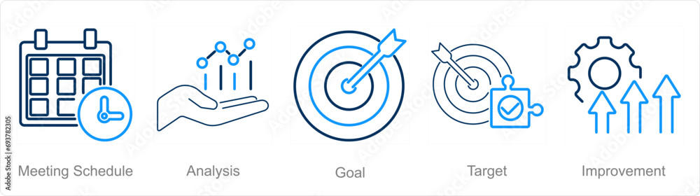 A set of 5 Action plan icons as meeting schedule, analysis, goal A set of 5 Action plan icons as meeting schedule, analysis, goal