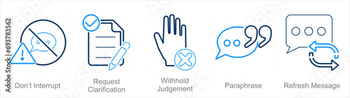 A set of 5 Active Listening icons as don�t inturrupt, request clarification, with hold judgement