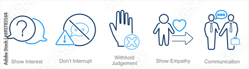 A set of 5 Active Listening icons as show interest, don�t inturrupt, with hold judgement