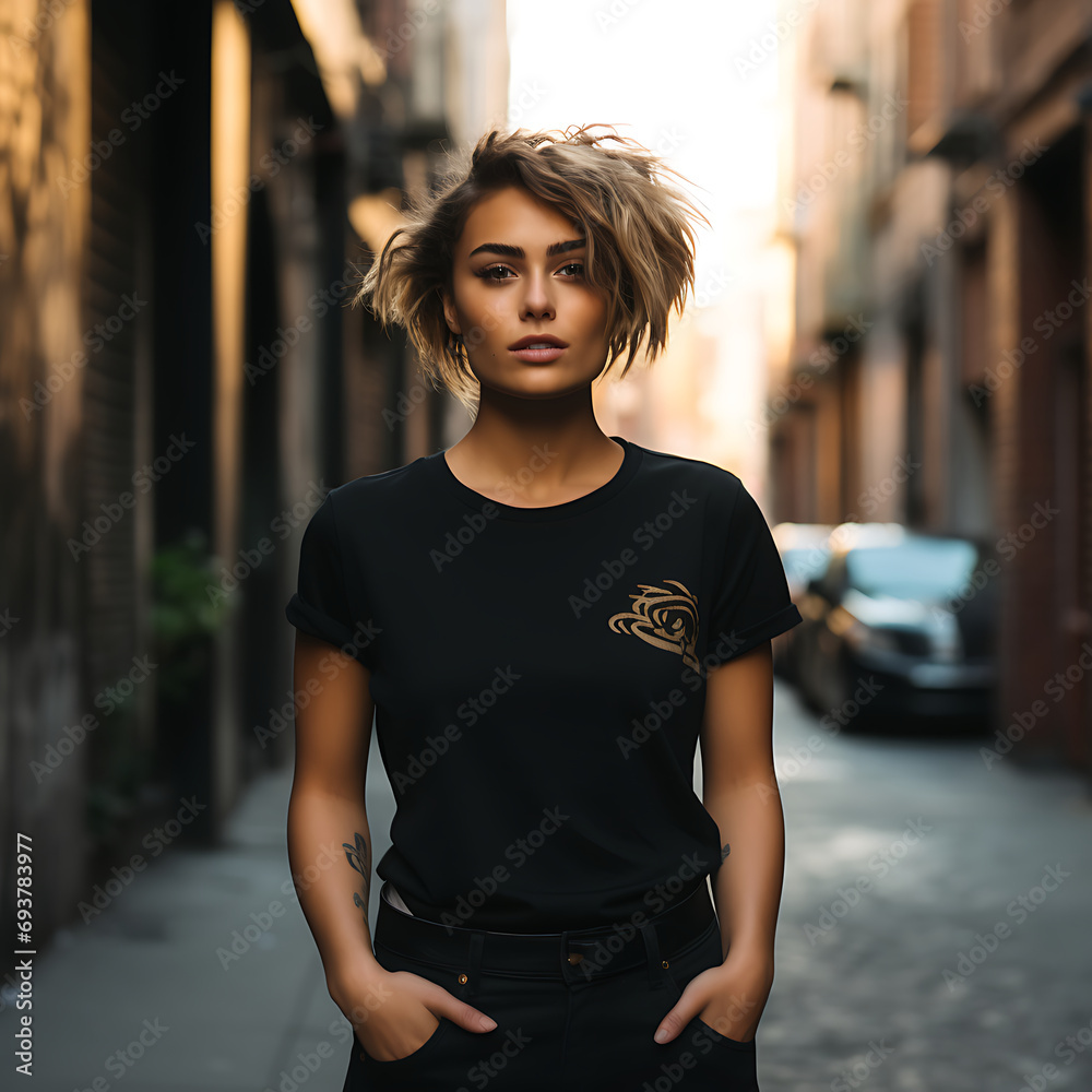 Urban Chic Photoshoot. A model in a black t-shirt pose Urban Chic Photoshoot. A model in a black t-shirt pose
