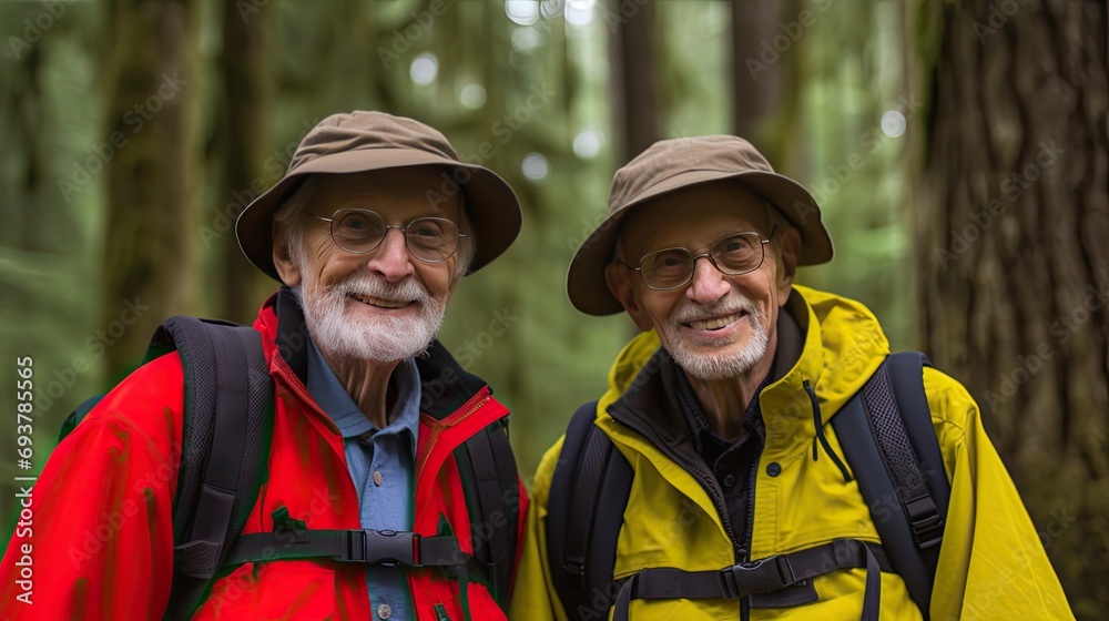 Retired men as they embrace the joy of backpacking. Surrounded by nature's wonders, they radiate happiness and inspire others to pursue their passions, regardless of age.