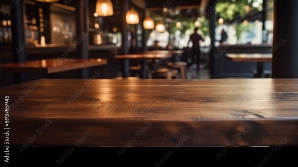 Empty wooden table and coffee shop blur background with bokeh image.