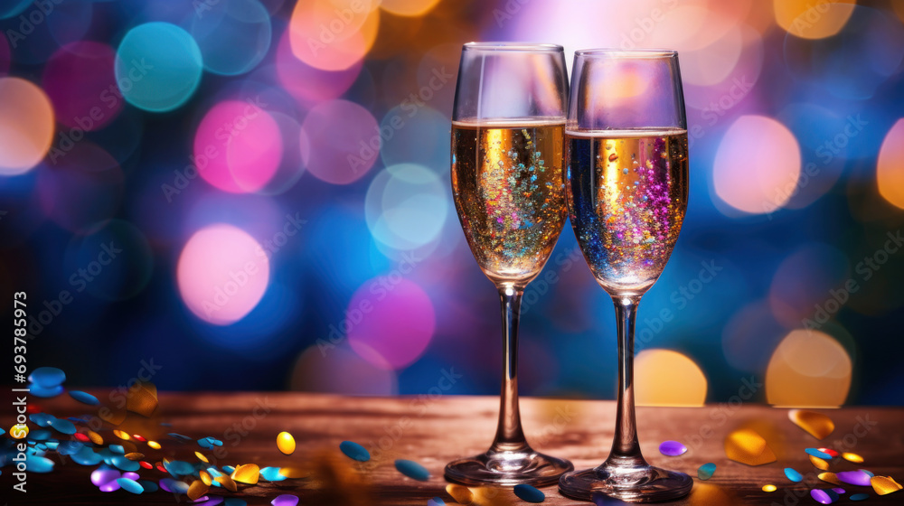 A two glass of sparkling wine on a colorful confetti on blur festive background