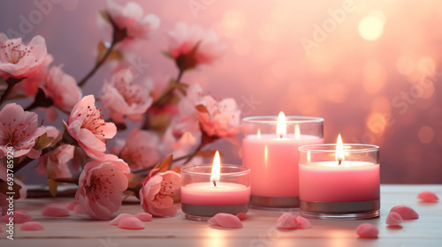 Mockup background with candles, pink flowers and petals on light background