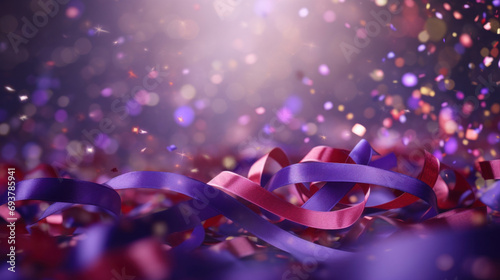 Confetti of pink, red ribbons on a purple bokeh background. Valentine's day backdrop