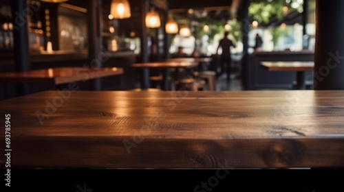 Empty wooden table and coffee shop blur background with bokeh image.