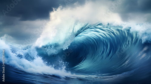 Large stormy sea wave in deep blue.
