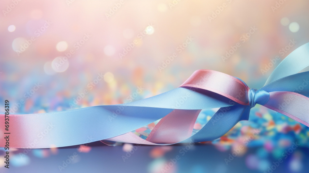 Confetti of pastel pink and blue ribbons on a bokeh background. Valentine's day backdrop