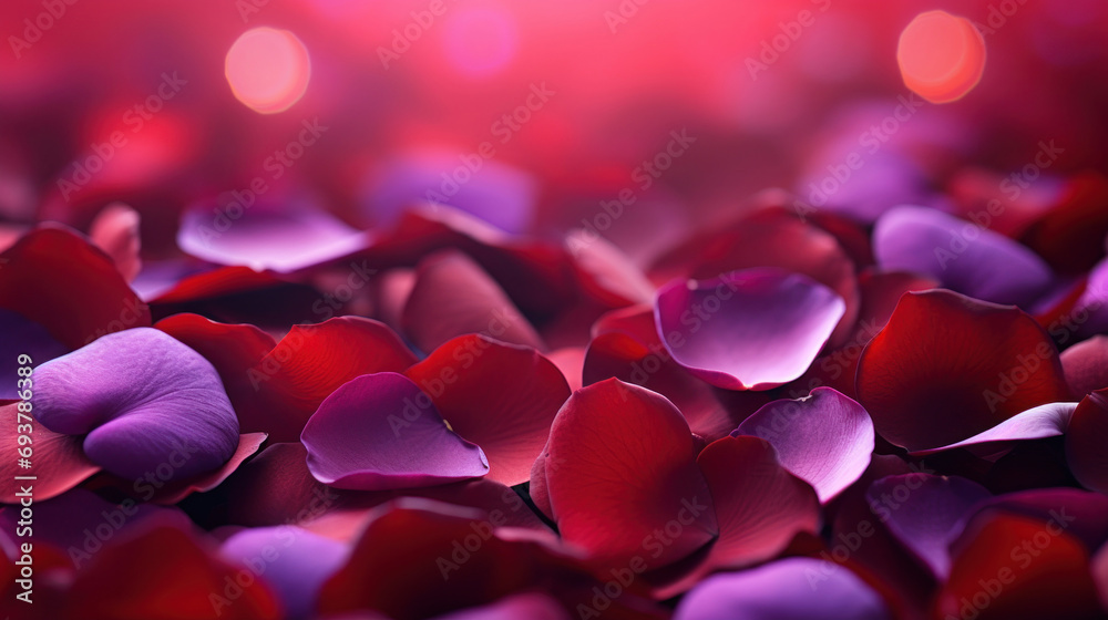 Pink and red roses petals on a bokeh background. Pink and red roses petals on a bokeh background.