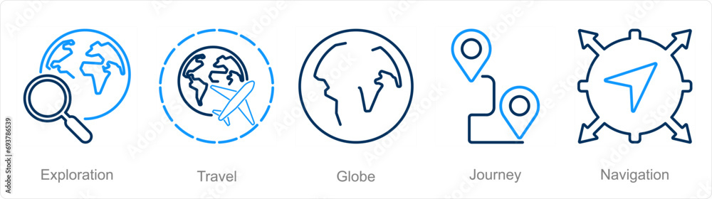 A set of 5 Adventure icons as exploration, travel, globe