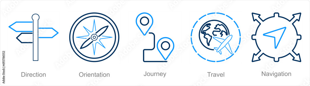 A set of 5 Adventure icons as direction, orientation, journey - obrazy, fototapety, plakaty 