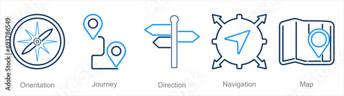 A set of 5 Adventure icons as orientation, journey, direction