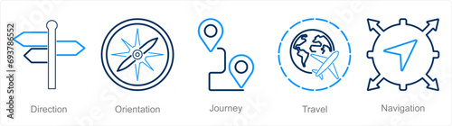 A set of 5 Adventure icons as direction, orientation, journey