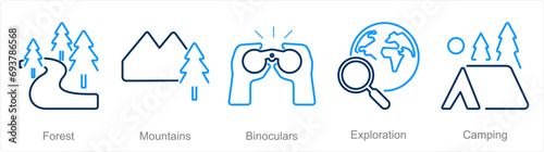 A set of 5 Adventure icons as forest, mountains, binoculars