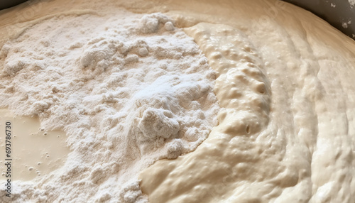 Top view of the dough preparation and fermentation process, natural and organic, artisan bakery photo