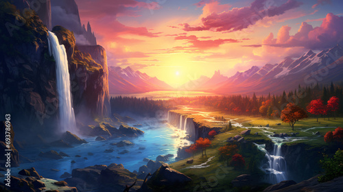 Illustration of a waterfall with a sunset over a river in the background.