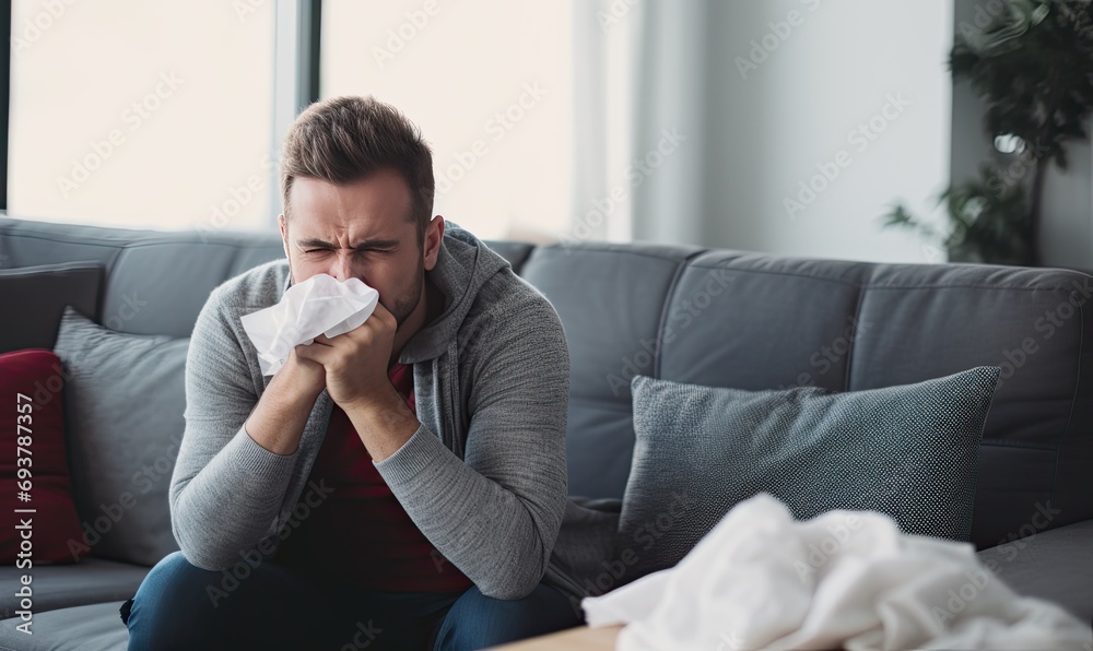 A man sitting on a couch blowing his nose