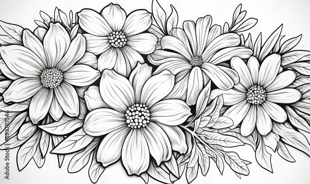 A line drawing of flowers on a white background